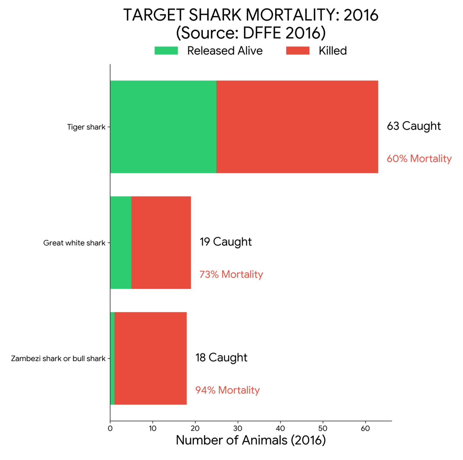 Horizontal bar chart visualizing 2016 shark mortality in South Africa's KZN bather protection gear. Data shows high kill rates for Great White, Tiger, and Zambezi sharks based on official DFFE records, highlighting the ecological impact of shark nets and d